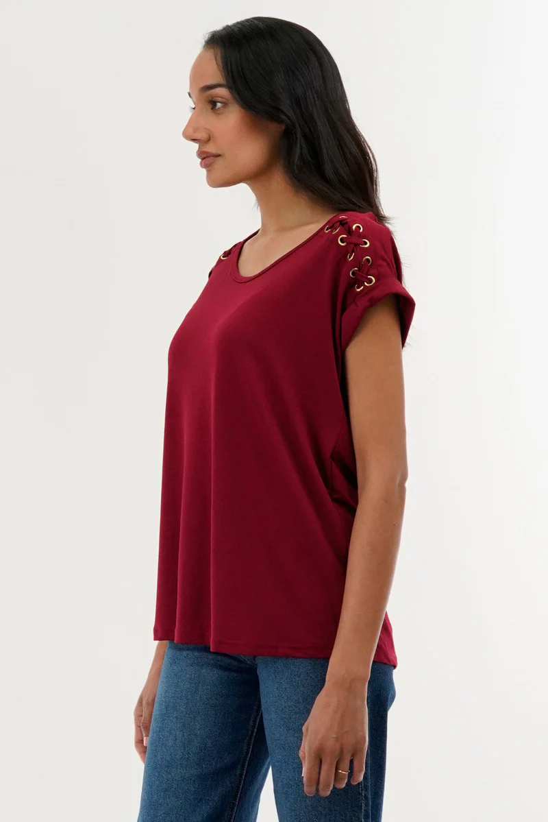 International INC Company Shoulder Lace Up Tee - Burgundy - Image 2