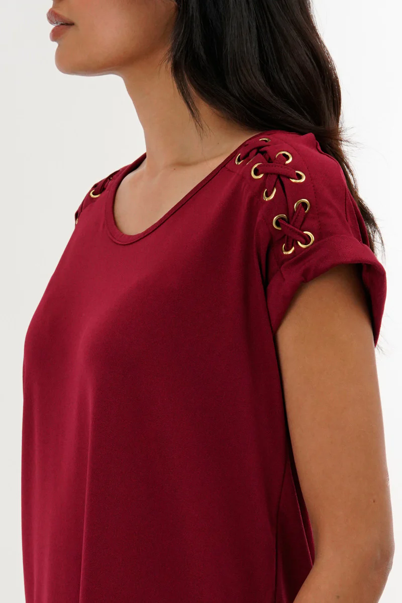 International INC Company Shoulder Lace Up Tee - Burgundy - Image 4