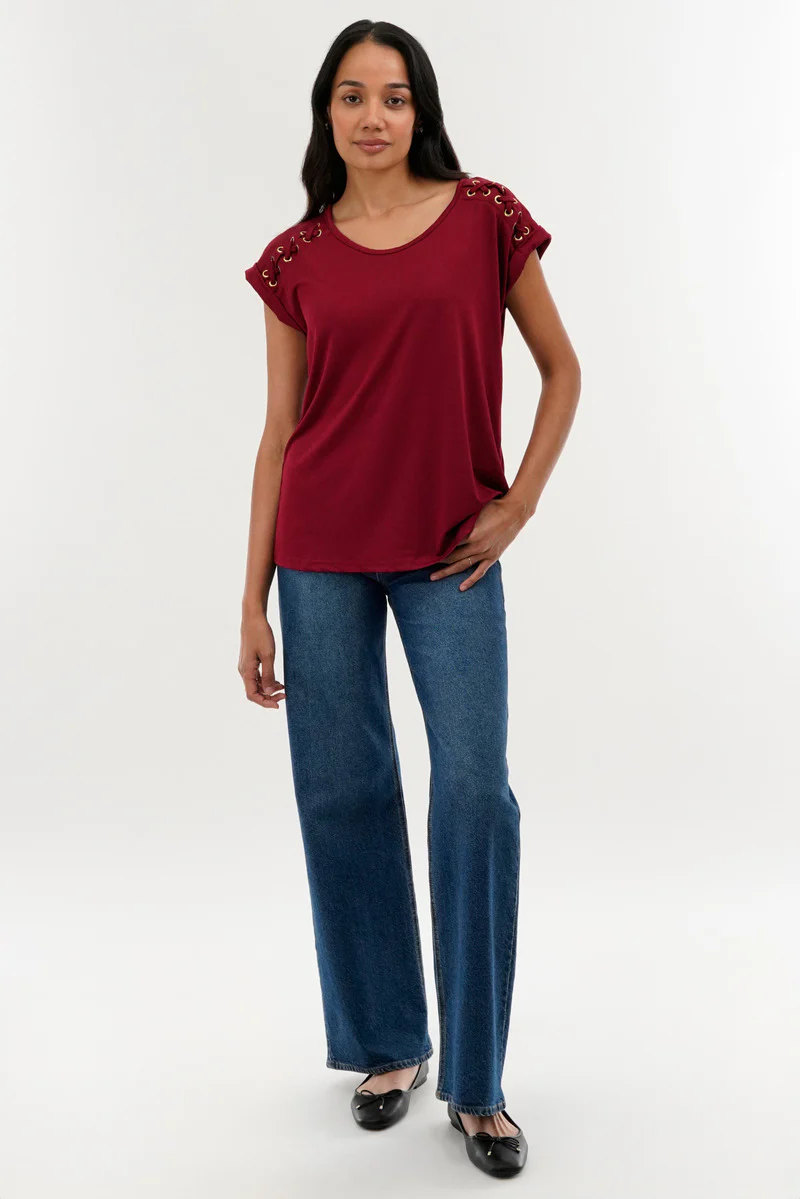 International INC Company Shoulder Lace Up Tee - Burgundy - Image 5