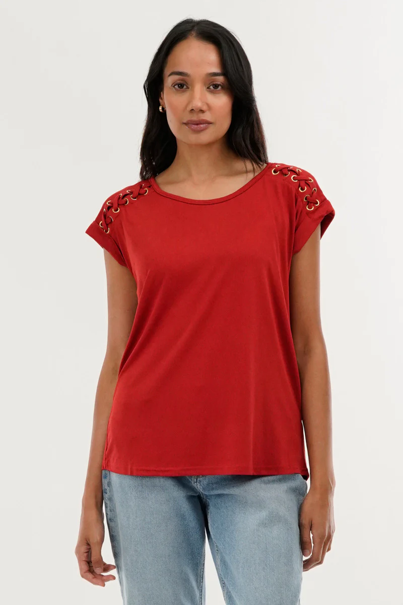 International INC Company Shoulder Lace Up Tee - Coral