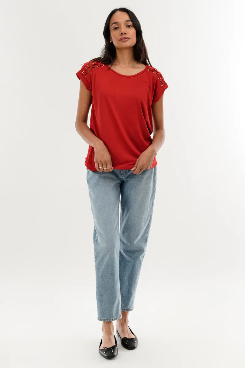 International INC Company Shoulder Lace Up Tee - Coral - Image 5