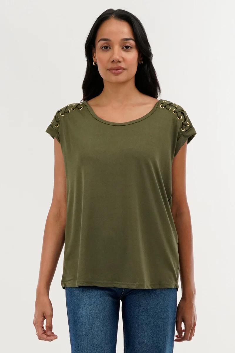 International INC Company Shoulder Lace Up Tee - Olive