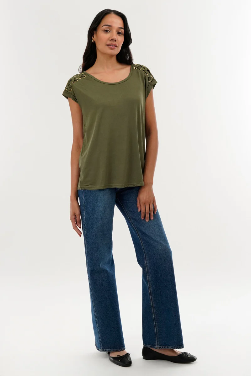International INC Company Shoulder Lace Up Tee - Olive - Image 5