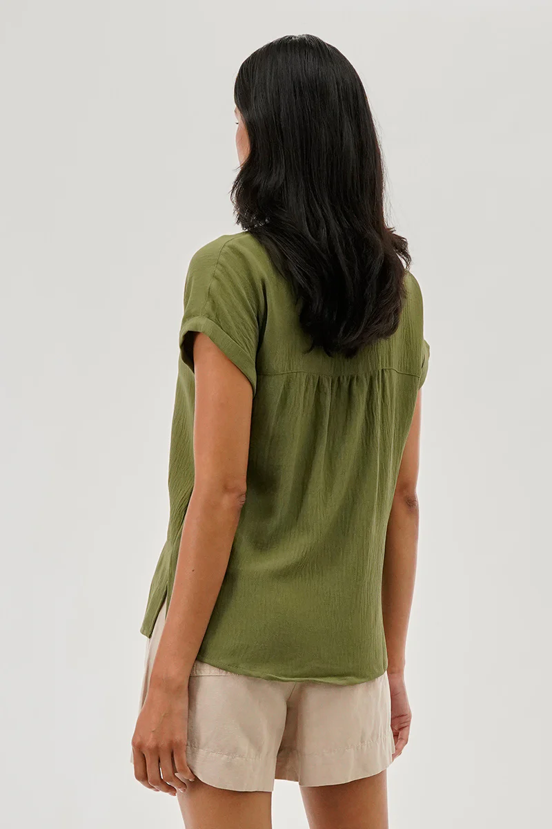 Stylexchange Vintage V-Neck Short Sleeve Blouse - Olive - Image 3
