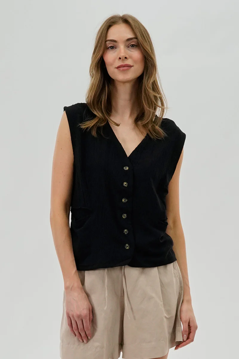 Stylexchange Vintage Button Up Sleeveless Shirt - Black