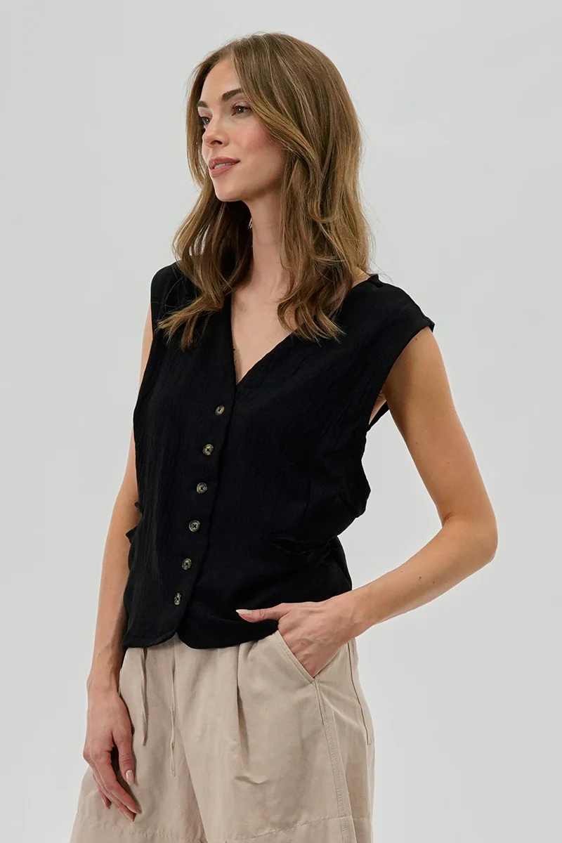 Stylexchange Vintage Button Up Sleeveless Shirt - Black - Image 2