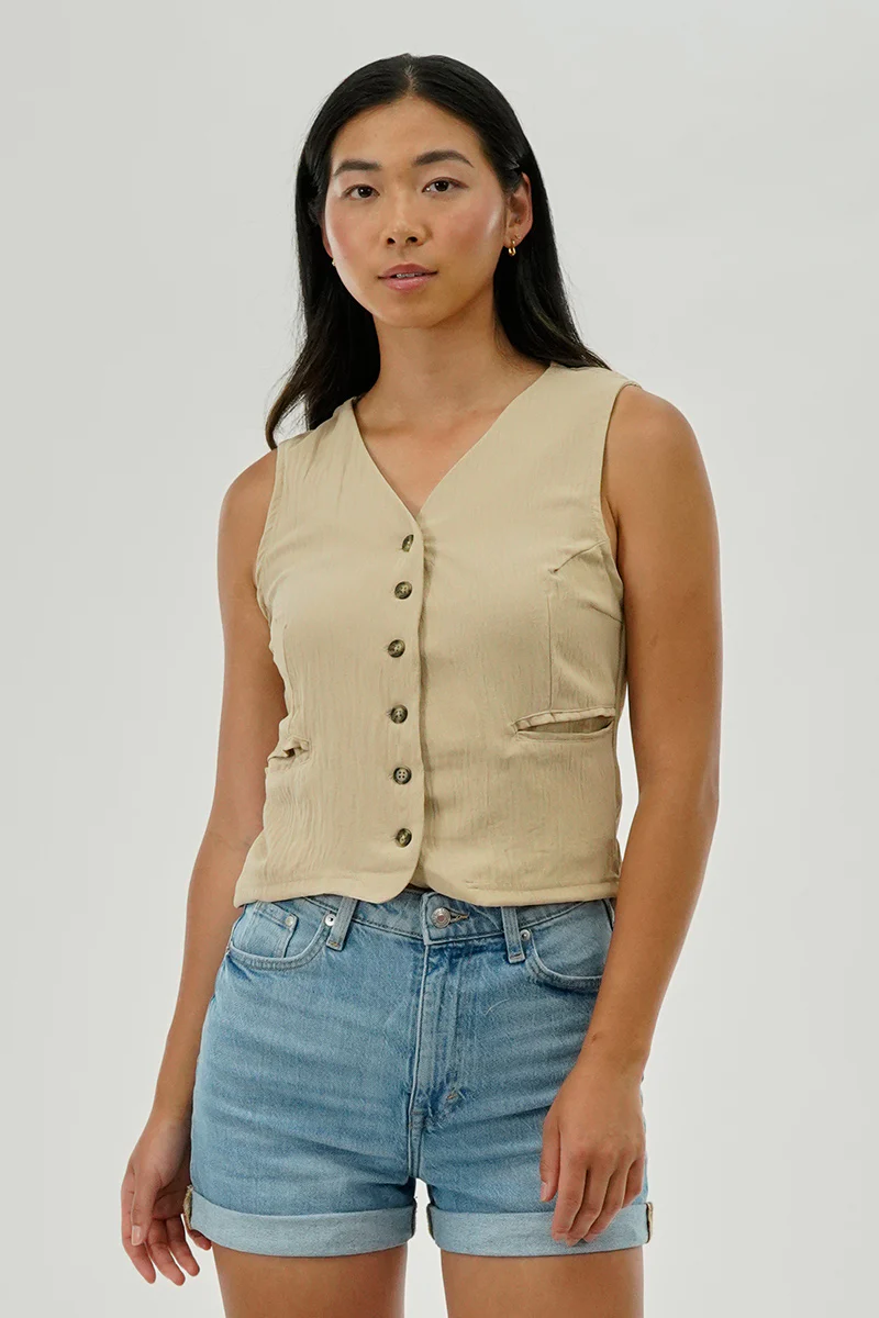Stylexchange Vintage Button Up Sleeveless Shirt - Beige