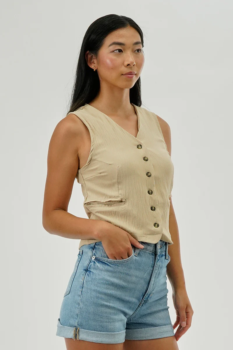 Stylexchange Vintage Button Up Sleeveless Shirt - Beige - Image 2