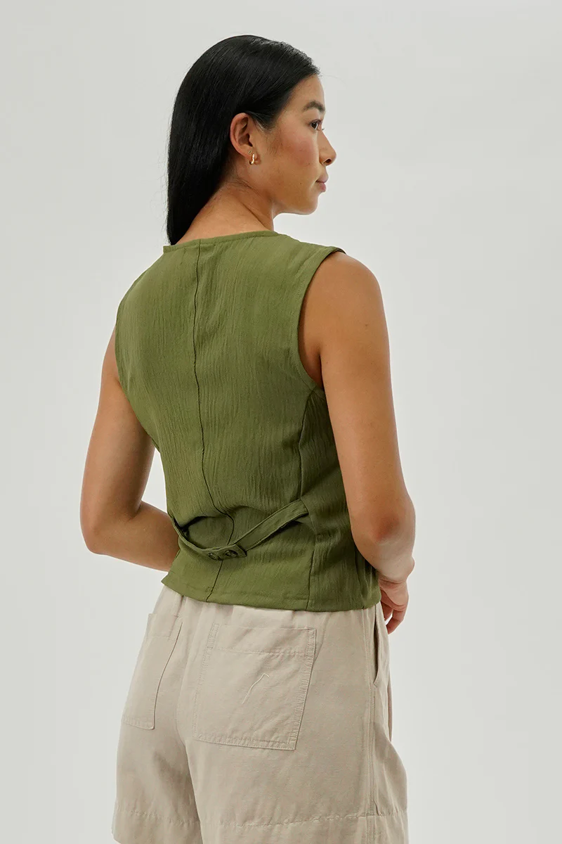 Stylexchange Vintage Button Up Sleeveless Shirt - Olive - Image 3