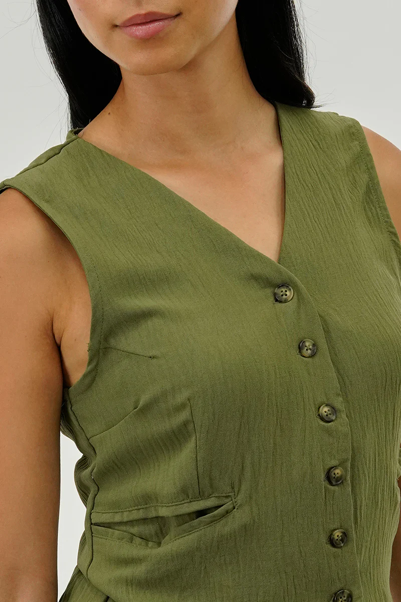 Stylexchange Vintage Button Up Sleeveless Shirt - Olive - Image 4