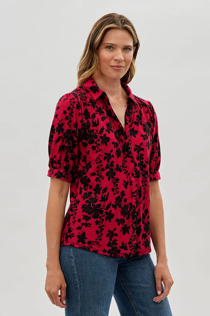 Beechers Brook Floral Puff Sleeve Button Down Blouse - Red - Image 2
