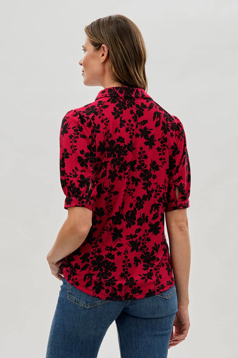 Beechers Brook Floral Puff Sleeve Button Down Blouse - Red - Image 3