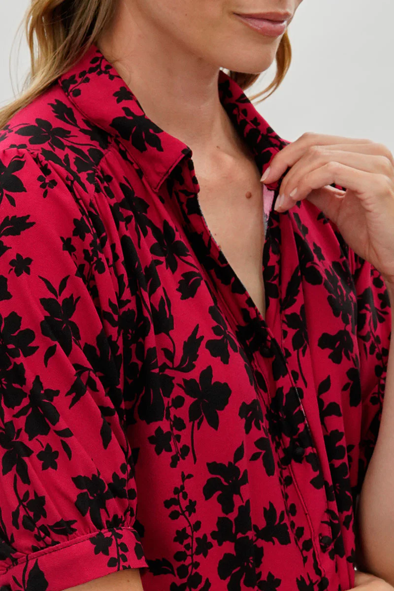 Beechers Brook Floral Puff Sleeve Button Down Blouse - Red - Image 4