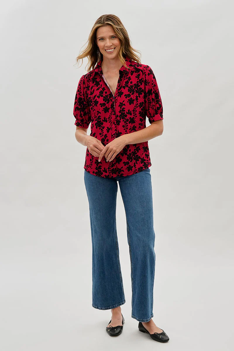 Beechers Brook Floral Puff Sleeve Button Down Blouse - Red - Image 5