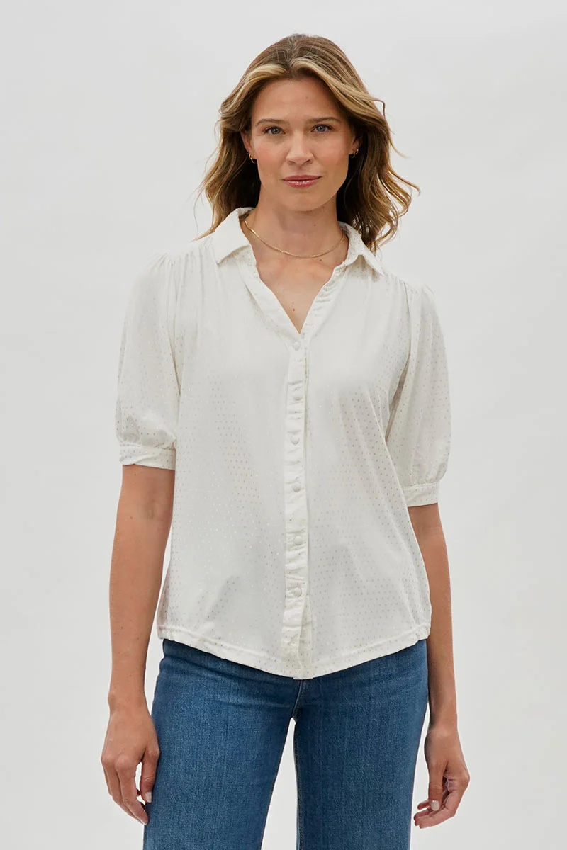 Beechers Brook Patterned Puff Sleeve Button Down Blouse - White