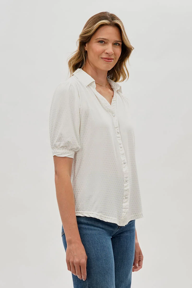 Beechers Brook Patterned Puff Sleeve Button Down Blouse - White - Image 2