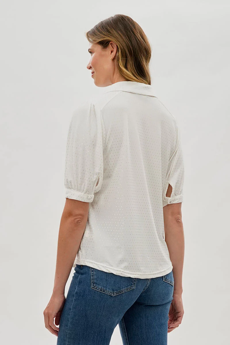 Beechers Brook Patterned Puff Sleeve Button Down Blouse - White - Image 3