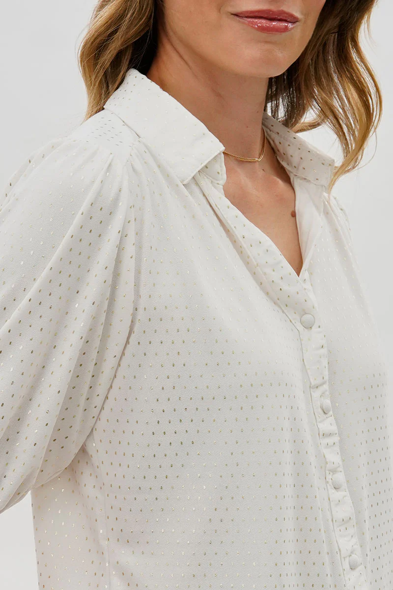 Beechers Brook Patterned Puff Sleeve Button Down Blouse - White - Image 4