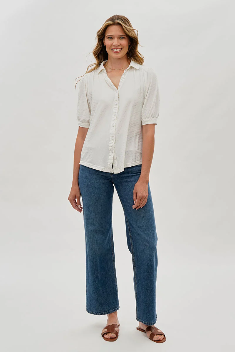 Beechers Brook Patterned Puff Sleeve Button Down Blouse - White - Image 5