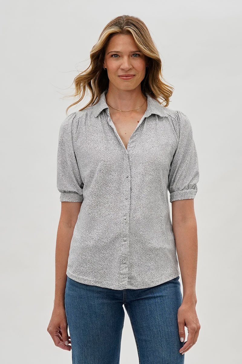 Beechers Brook Patterned Puff Sleeve Button Down Blouse - Grey