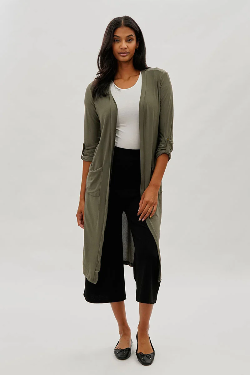Limite Open Front Lightweight Duster Cardigan - Olive