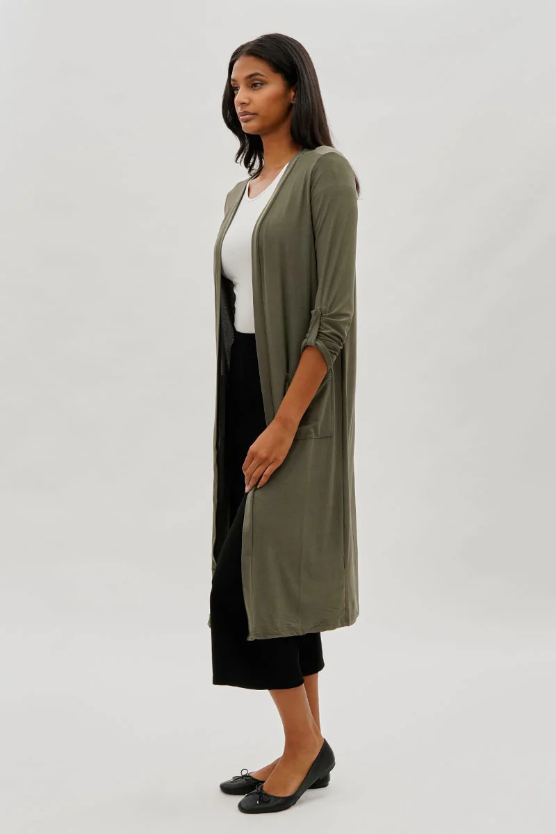 Limite Open Front Lightweight Duster Cardigan - Olive - Image 2