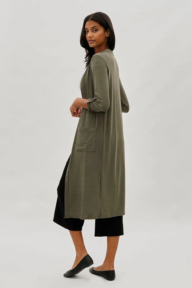 Limite Open Front Lightweight Duster Cardigan - Olive - Image 3