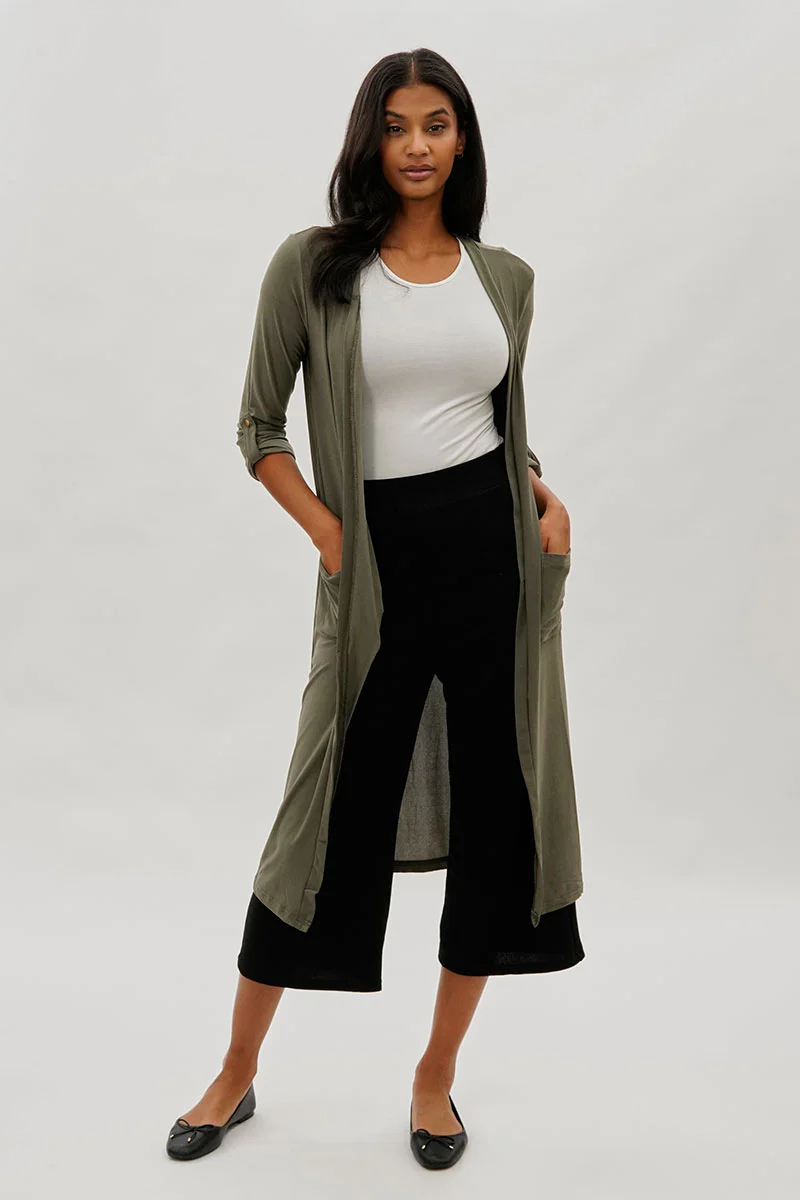 Limite Open Front Lightweight Duster Cardigan - Olive - Image 5