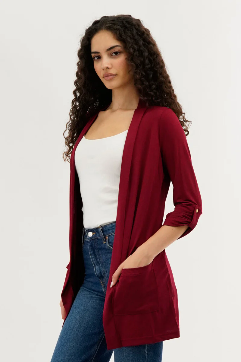 International INC Company Roll Up Sleeve Wrap Cardigan - Burgundy - Image 2