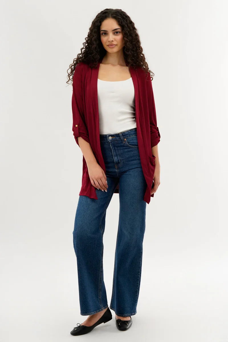 International INC Company Roll Up Sleeve Wrap Cardigan - Burgundy - Image 5