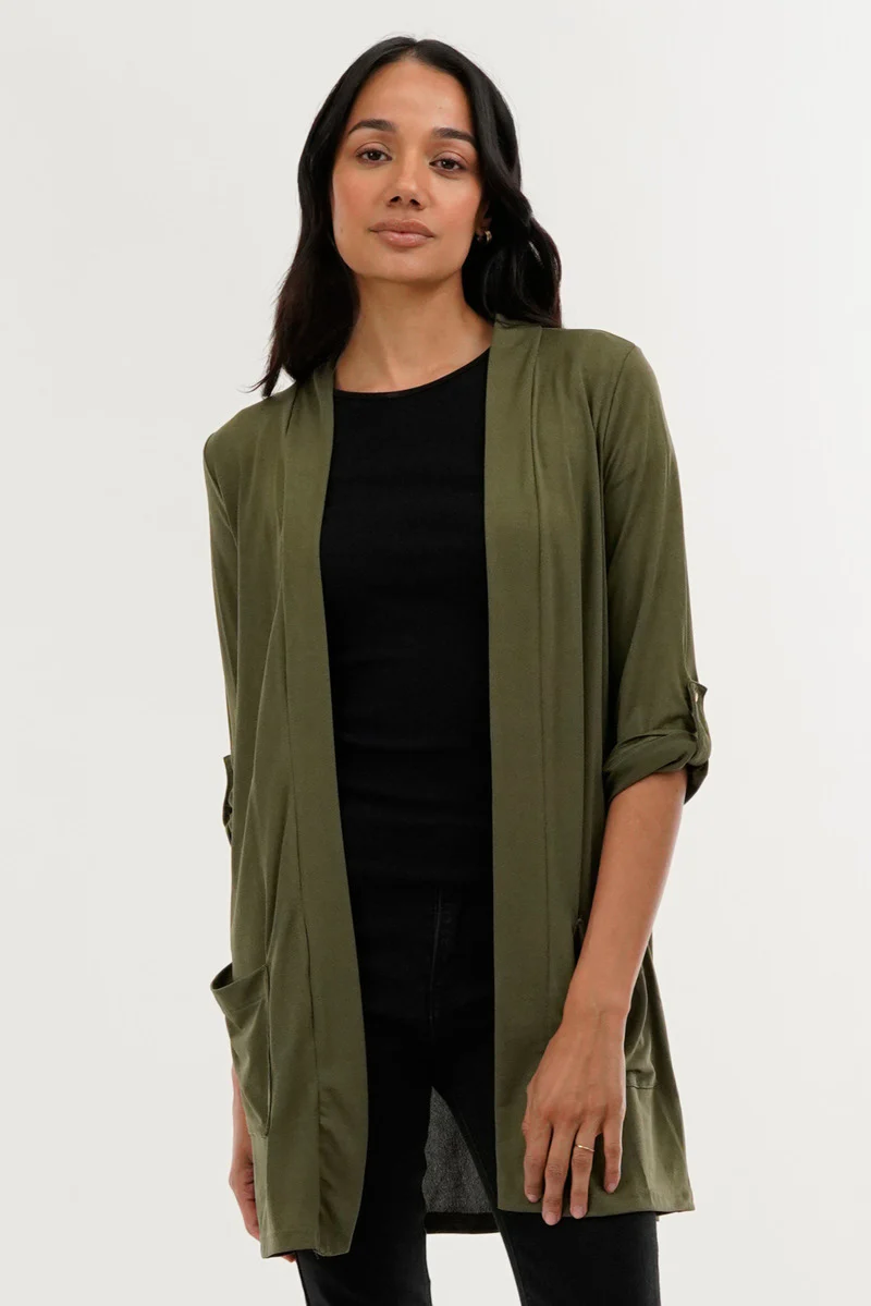 International INC Company Roll Up Sleeve Wrap Cardigan - Olive
