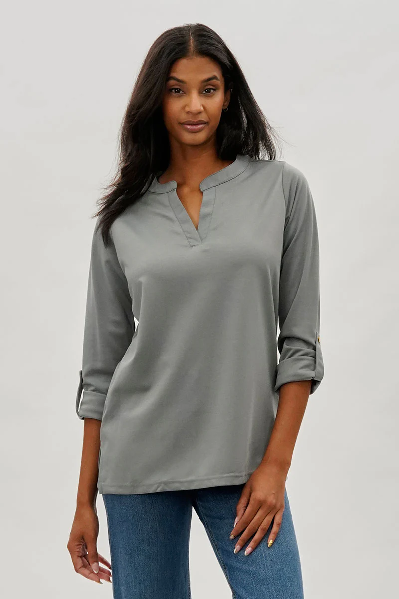 Costa Blanca Split Neck Roll Up Sleeve Blouse - Grey