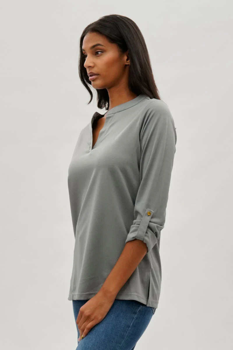 Costa Blanca Split Neck Roll Up Sleeve Blouse - Grey - Image 2