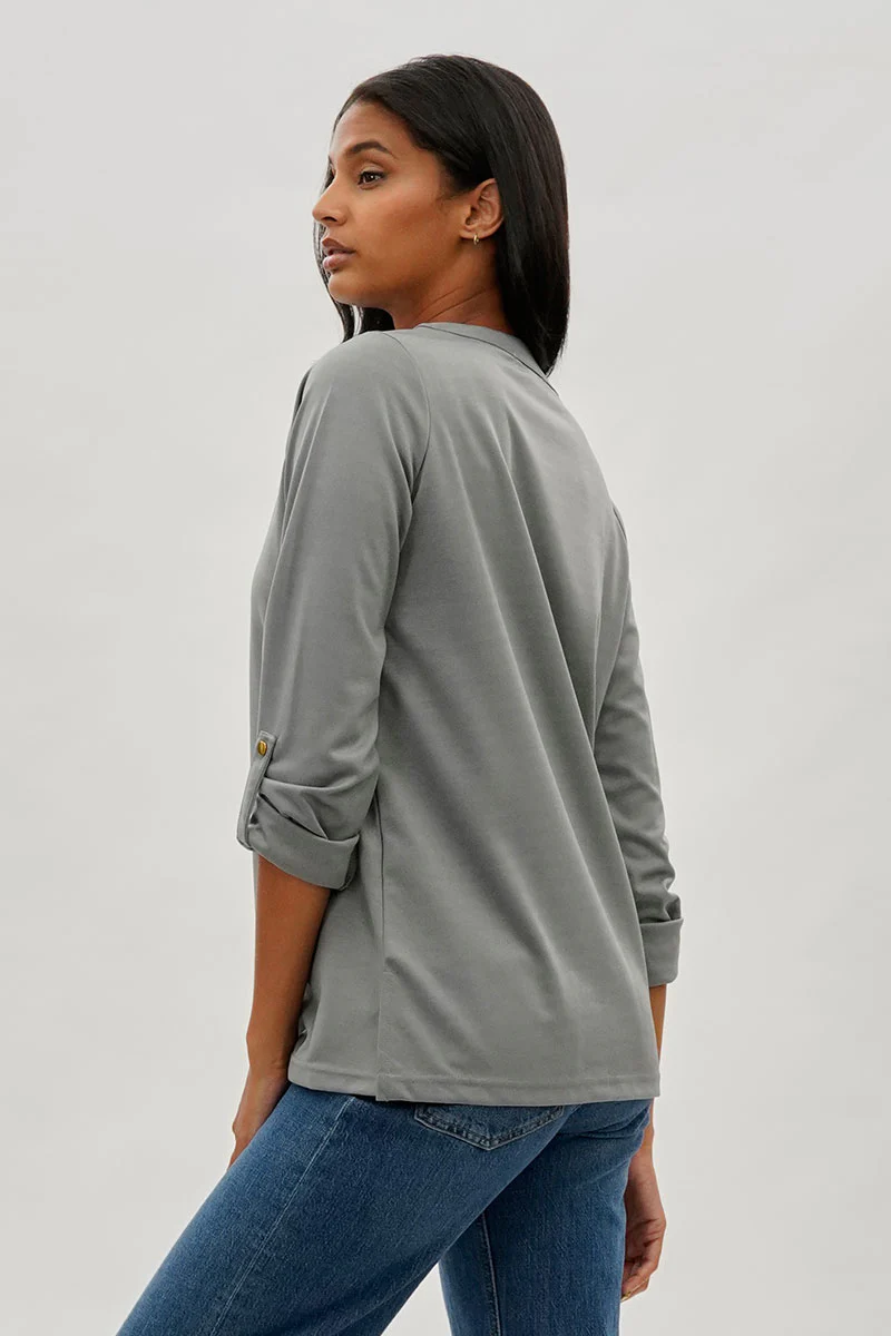 Costa Blanca Split Neck Roll Up Sleeve Blouse - Grey - Image 3
