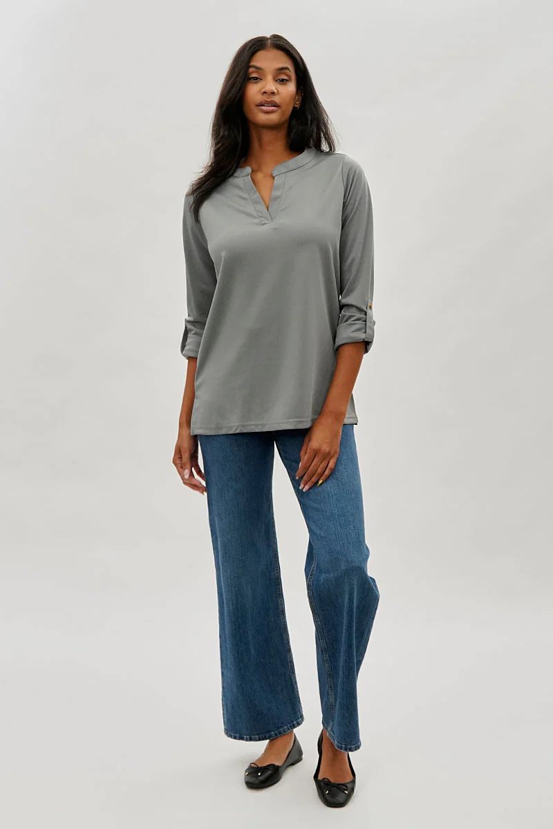 Costa Blanca Split Neck Roll Up Sleeve Blouse - Grey - Image 5