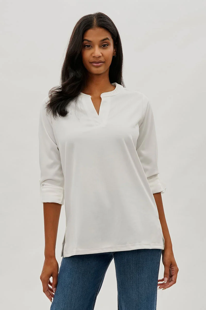 Costa Blanca Split Neck Roll Up Sleeve Blouse - White