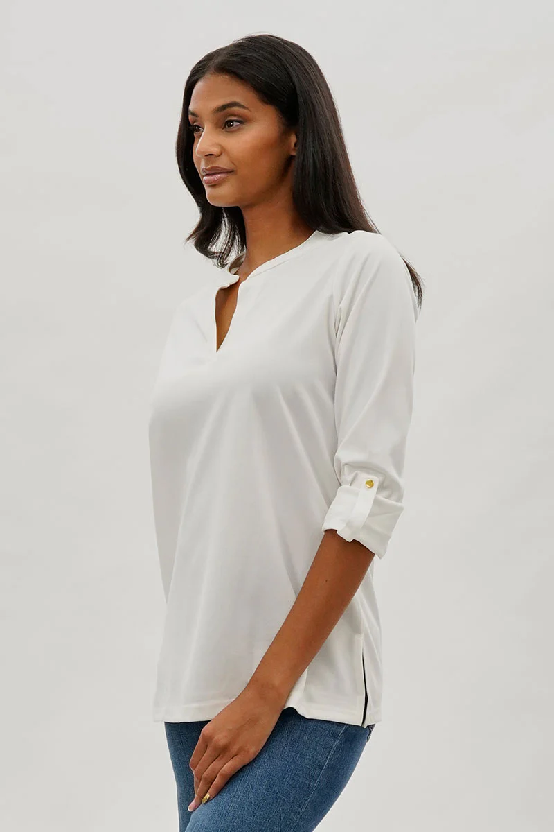 Costa Blanca Split Neck Roll Up Sleeve Blouse - White - Image 2