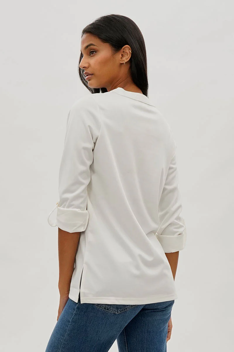 Costa Blanca Split Neck Roll Up Sleeve Blouse - White - Image 3