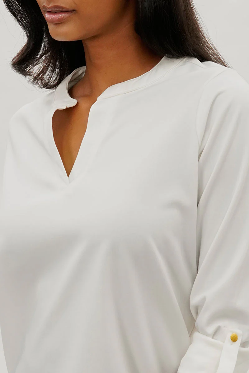 Costa Blanca Split Neck Roll Up Sleeve Blouse - White - Image 4