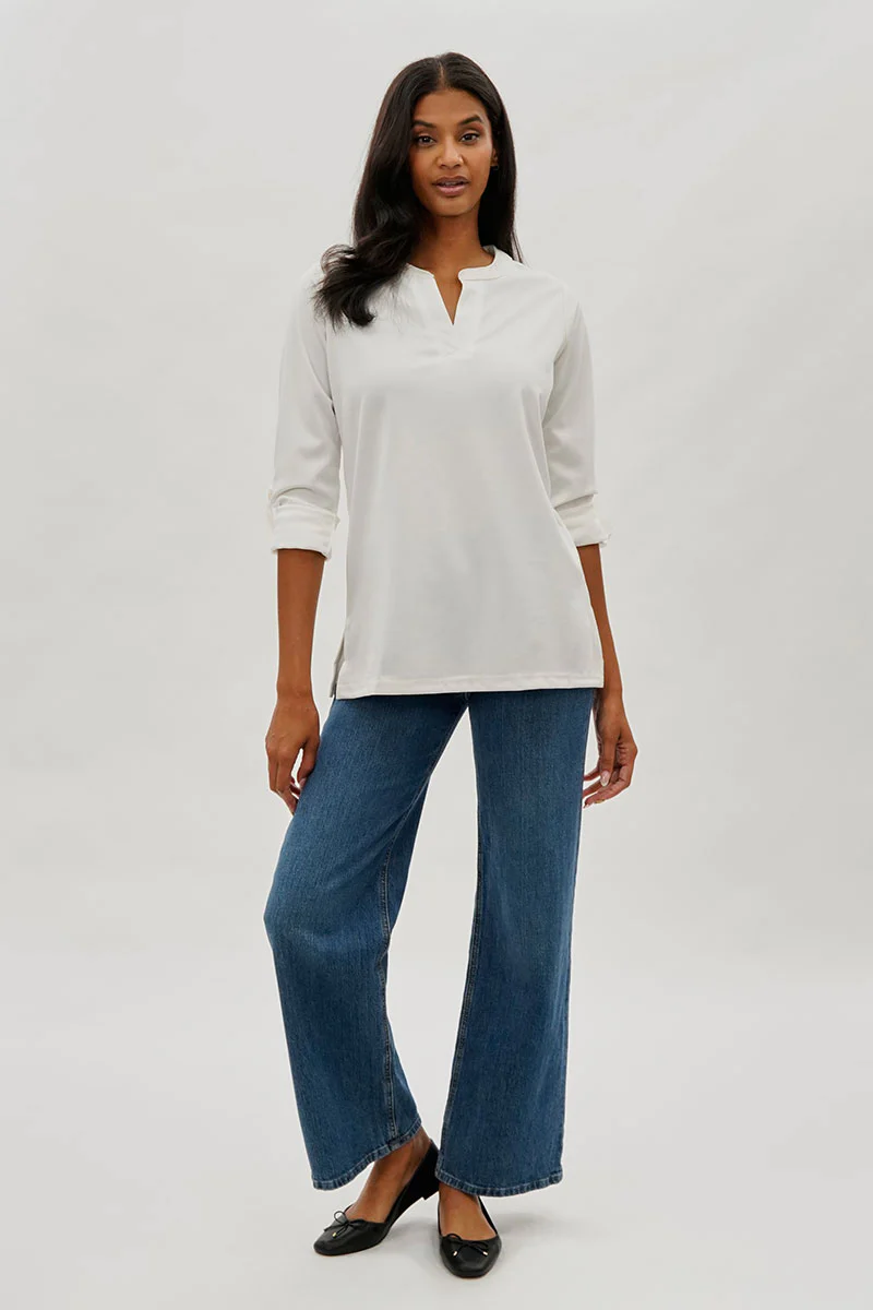 Costa Blanca Split Neck Roll Up Sleeve Blouse - White - Image 5