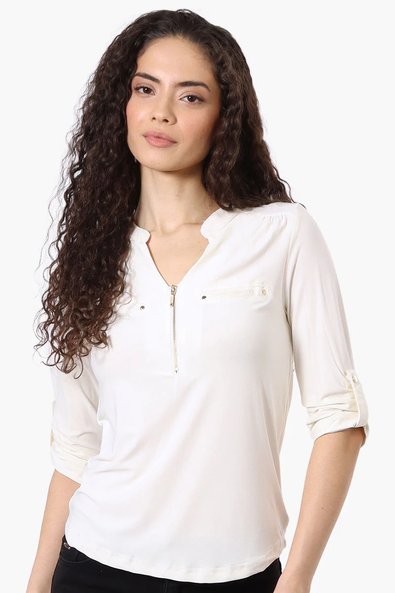 Beechers Brook Solid 1/4 Zip Roll Up Sleeve Shirt - White