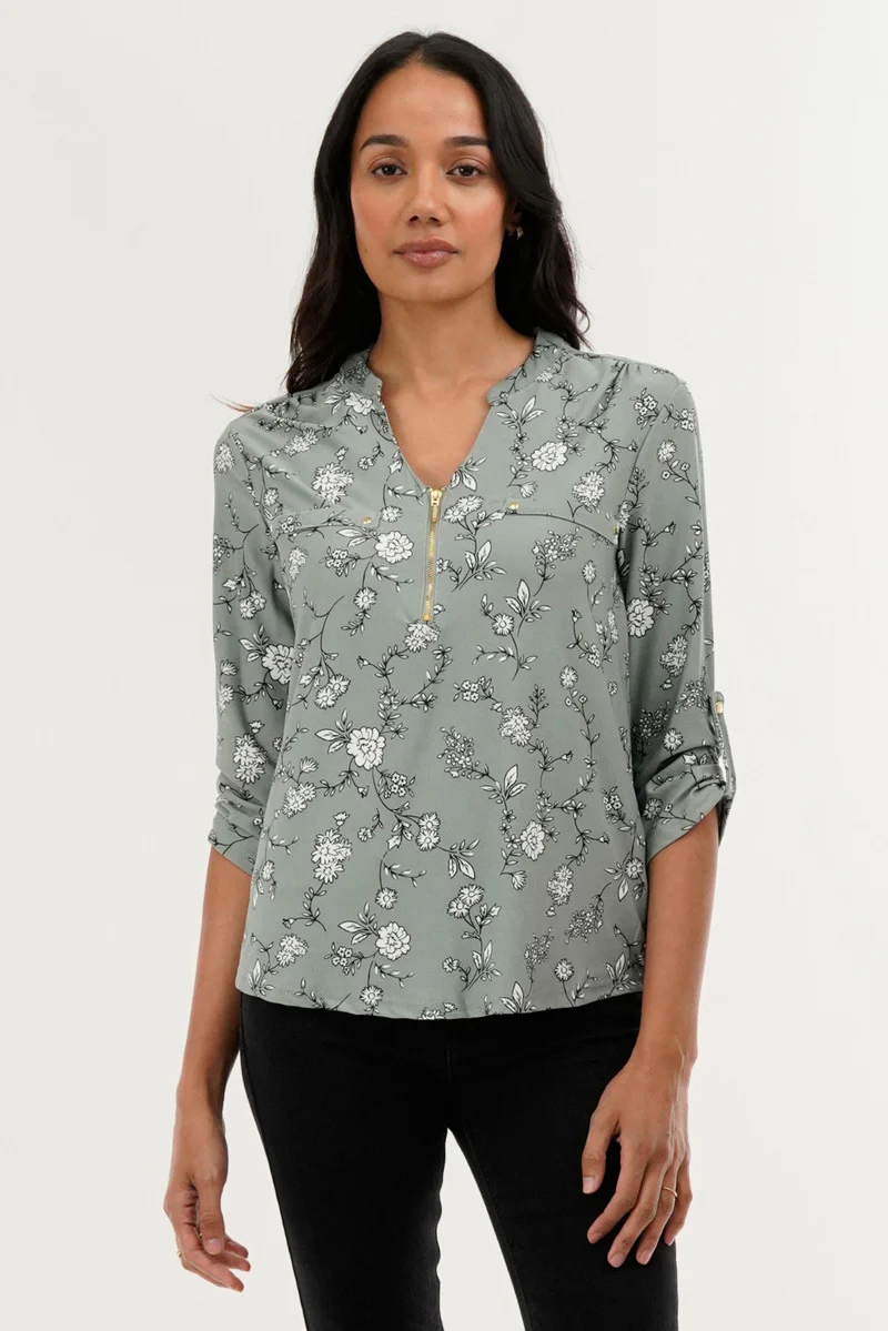 International INC Company Floral 1/4 Zip Blouse - Green