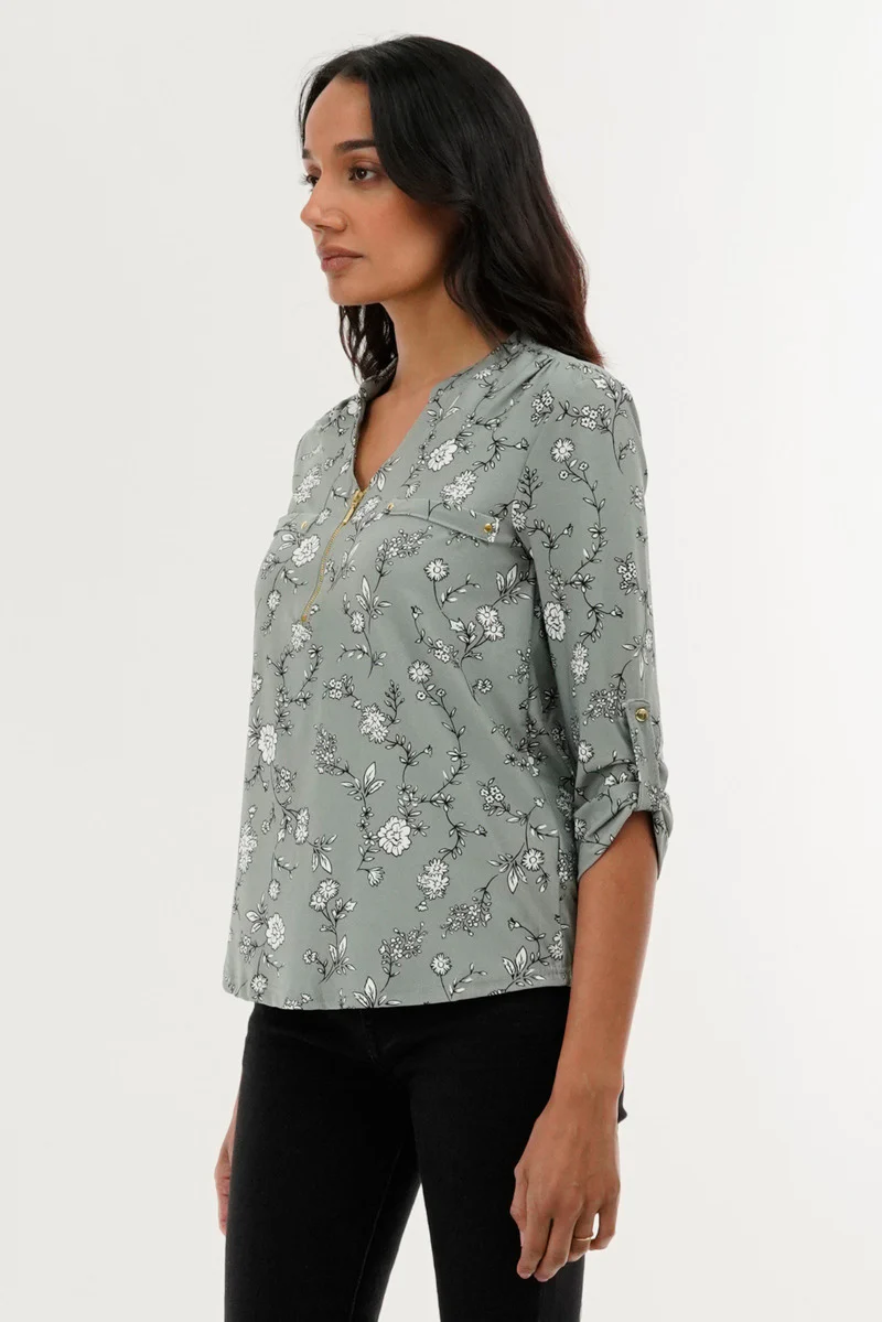 International INC Company Floral 1/4 Zip Blouse - Green - Image 2