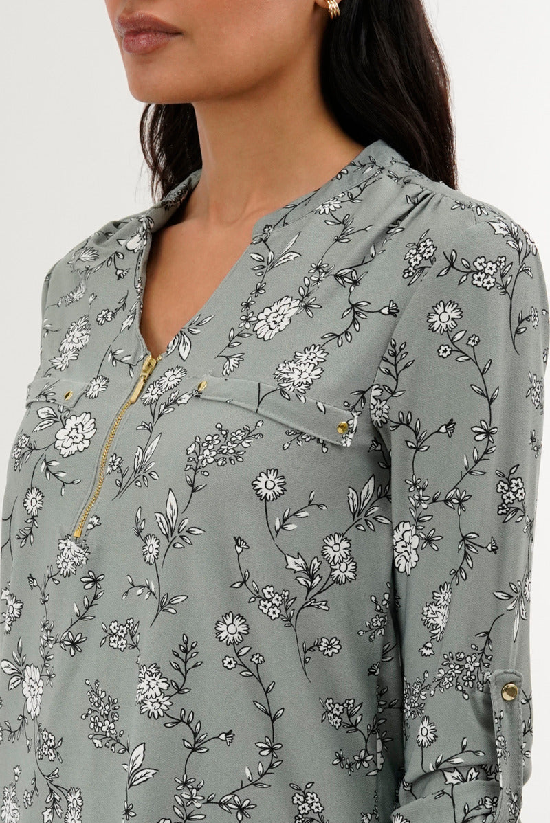 International INC Company Floral 1/4 Zip Blouse - Green - Image 4