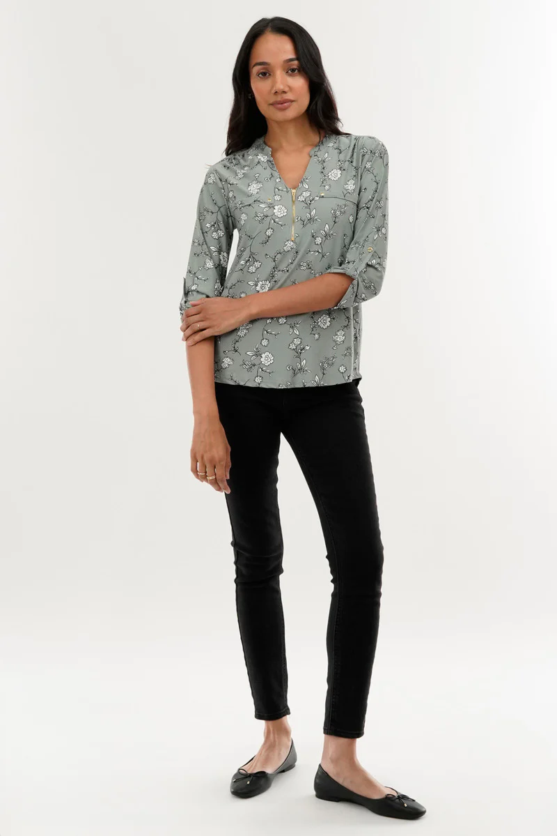 International INC Company Floral 1/4 Zip Blouse - Green - Image 5