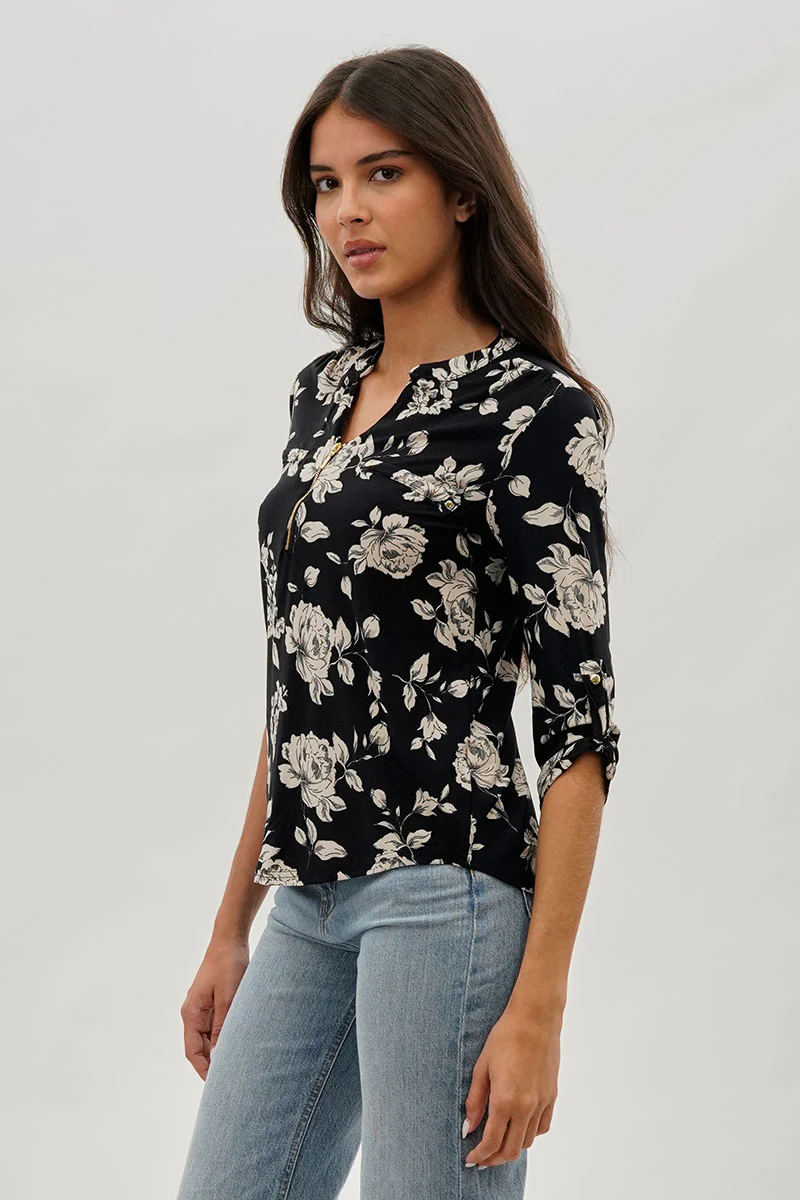 International INC Company Floral 1/4 Zip Blouse - Black - Image 2