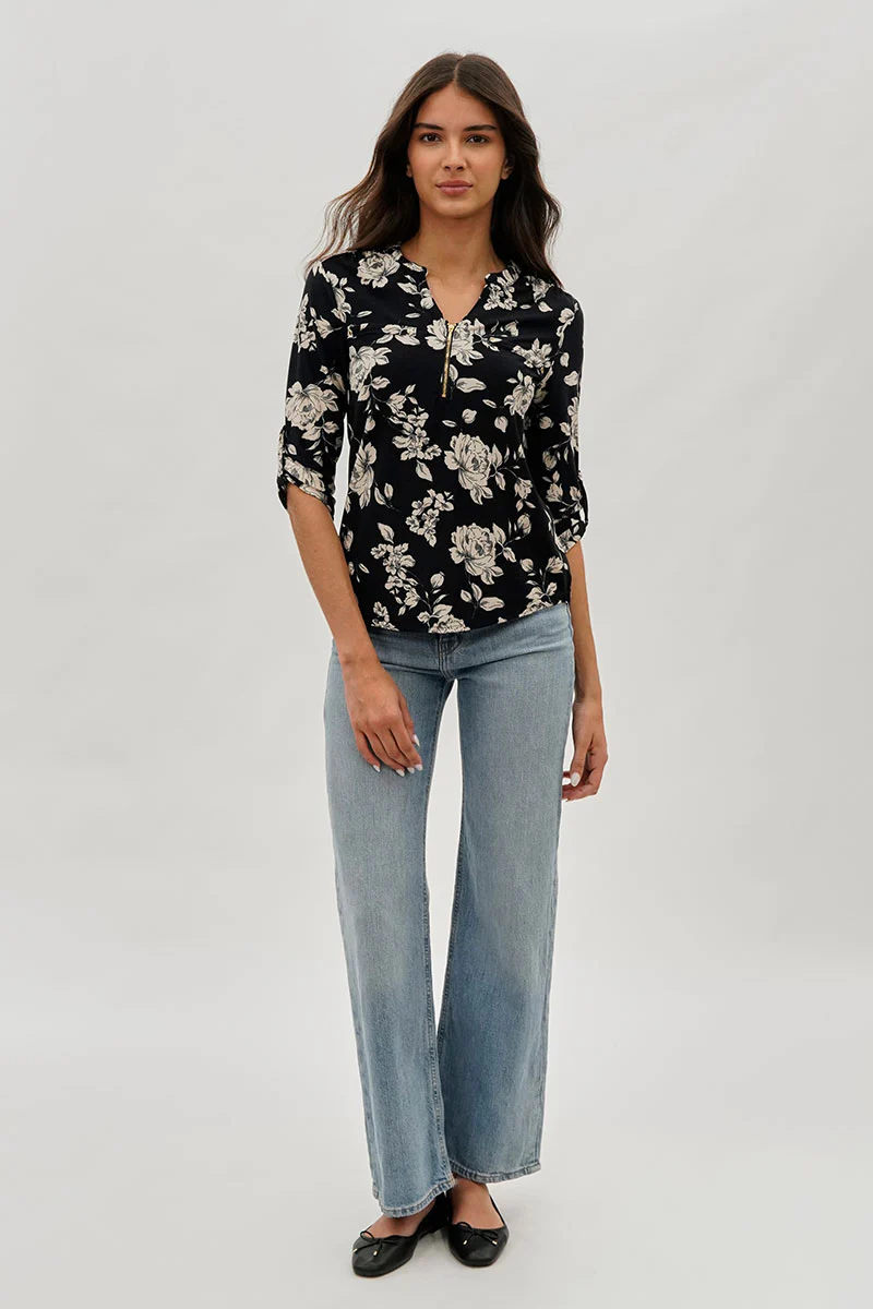 International INC Company Floral 1/4 Zip Blouse - Black - Image 5