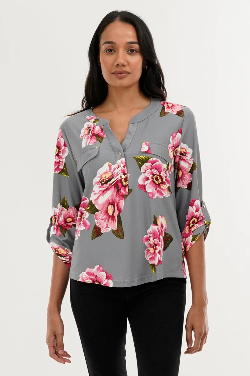 International INC Company Floral Split Neck Blouse - Grey