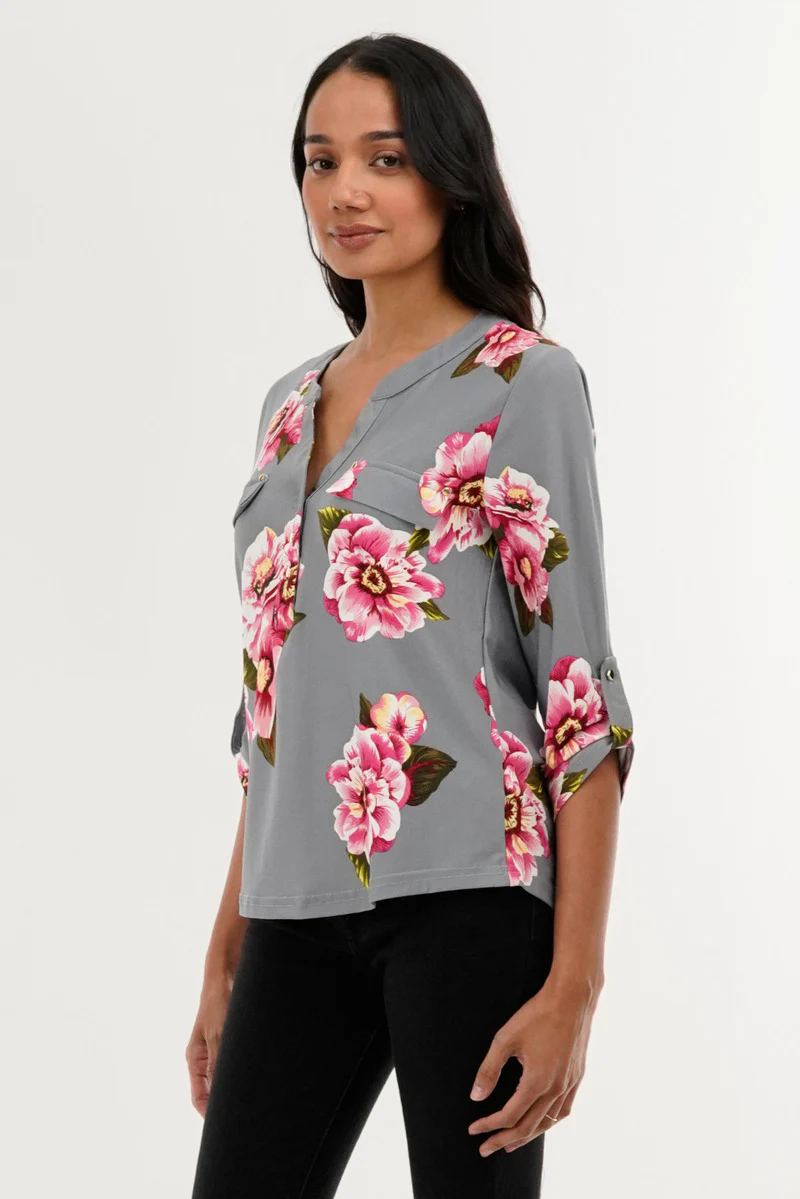 International INC Company Floral Split Neck Blouse - Grey - Image 2