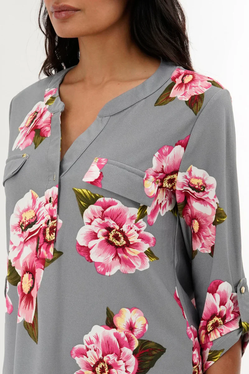 International INC Company Floral Split Neck Blouse - Grey - Image 4